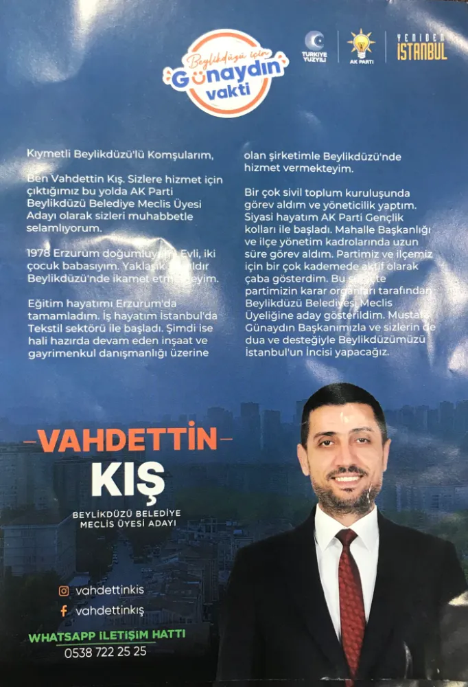 BEYLİKDÜZÜ AK PARTİ BELEDİYE MECLİS ÜYESİ ADAYI SAYIN VAHDETTİN KIŞ